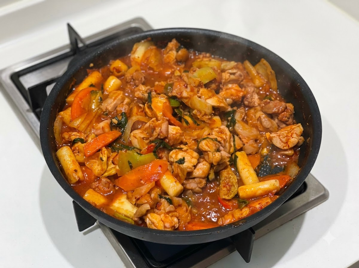 Shredded mozzarella cheese being sprinkled over a bubbling chicken and vegetable stir-fry.