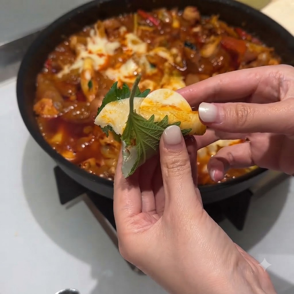 Cooked white rice being added to the remaining red sauce in the cooking pan.