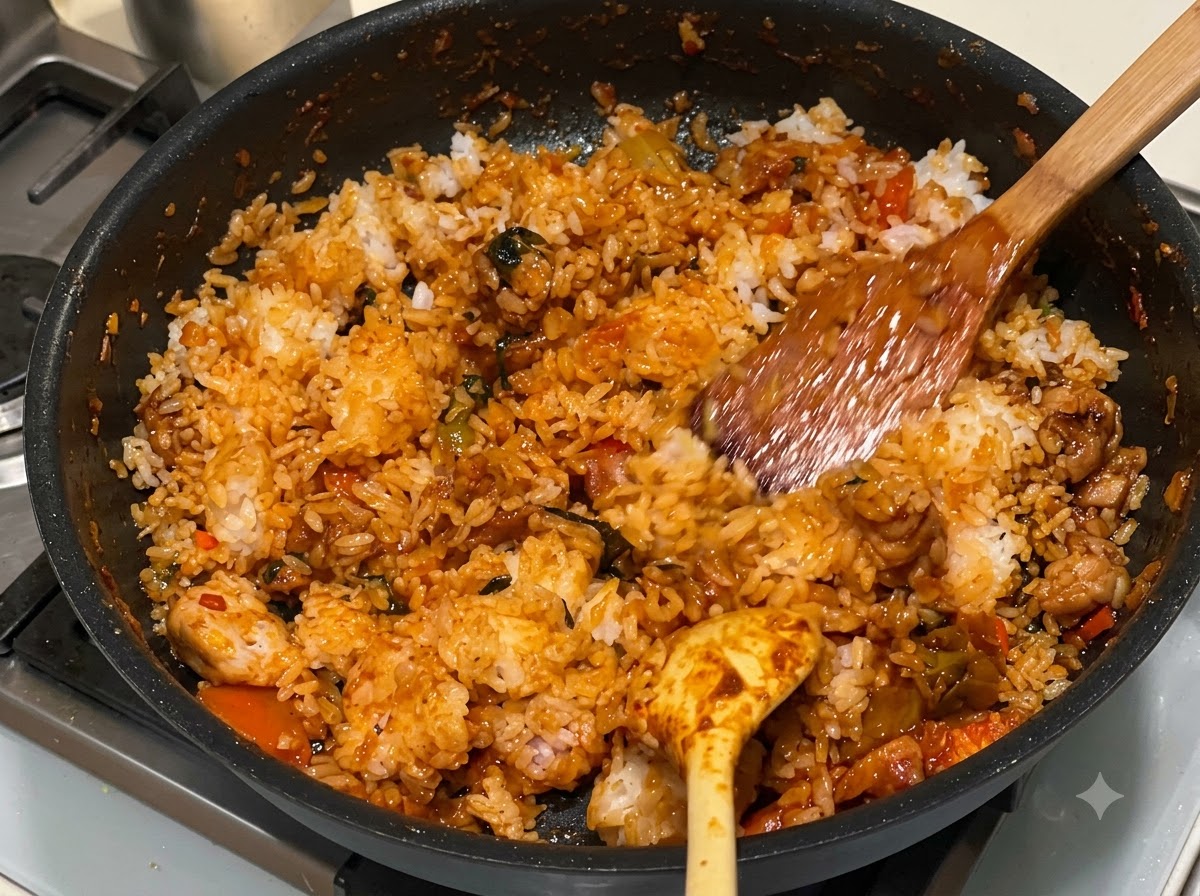 A wooden spatula mixing white rice into a bright red, spicy sauce in a hot pan.