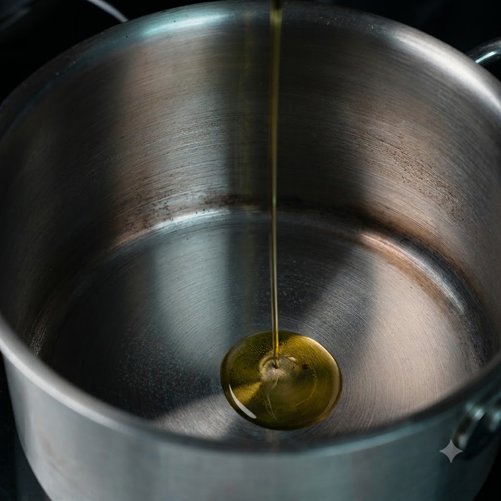 Olive oil being poured into a clean stainless steel pot on the stovetop.