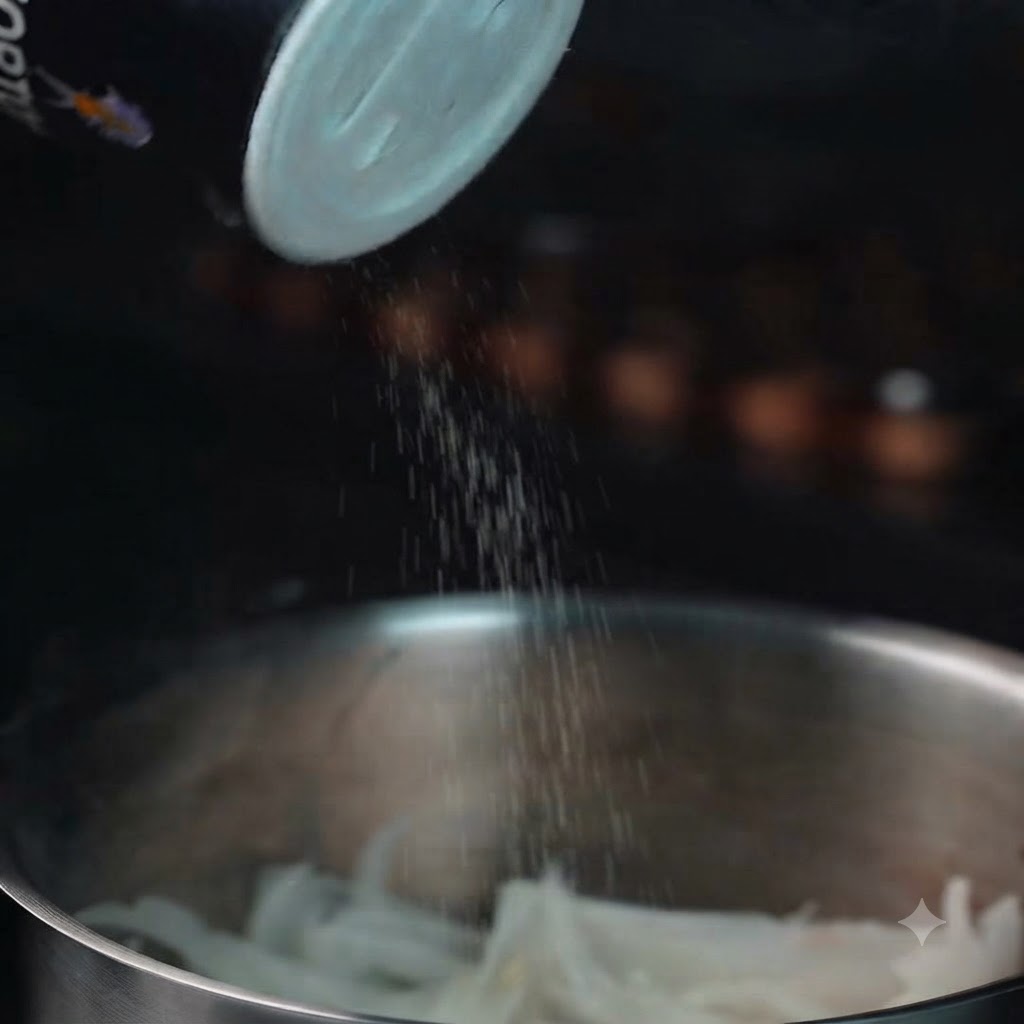 Salt and black pepper being sprinkled from a container onto cooking onions.