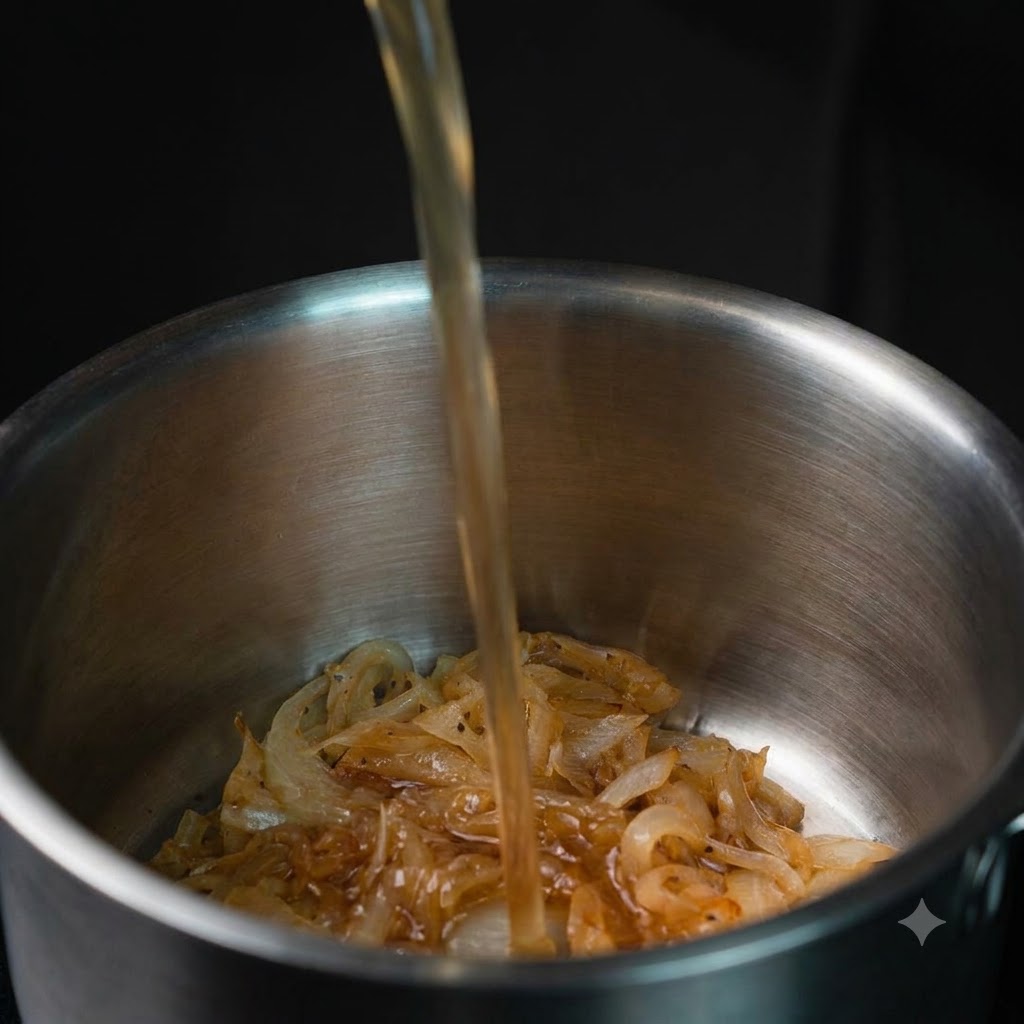 Clear broth being poured into a pot of browned, caramelized onions.