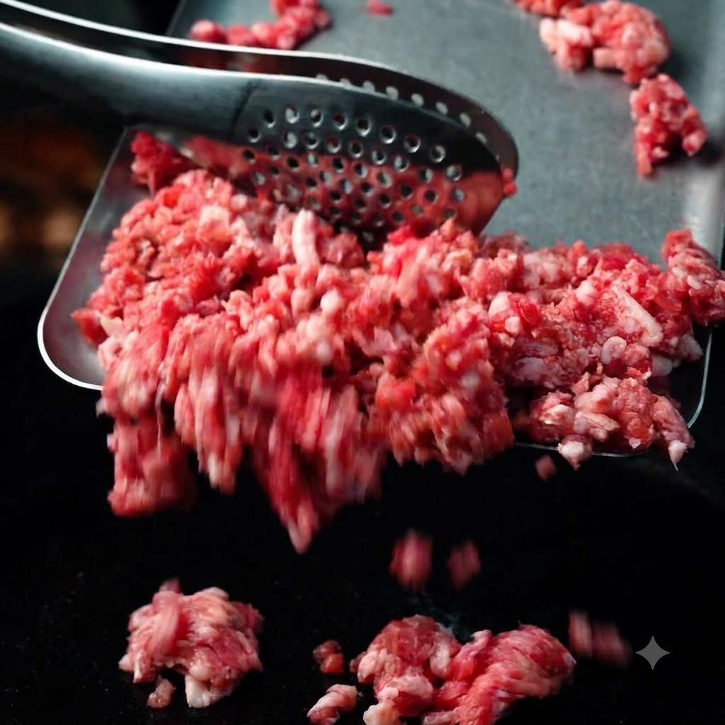 Fresh Australian Angus ground beef being dropped onto a hot cooking surface.