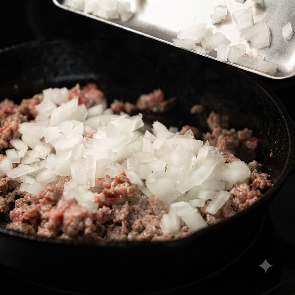 Freshly chopped white onion pieces being dropped from a metal tray into a cast-iron pan filled with cooked minced beef.