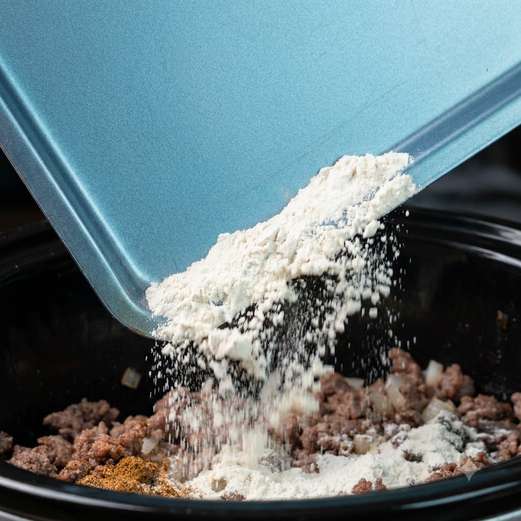 Dry flour and powdered spices being poured from a blue tray onto the beef and onion mixture inside a cooking vessel.