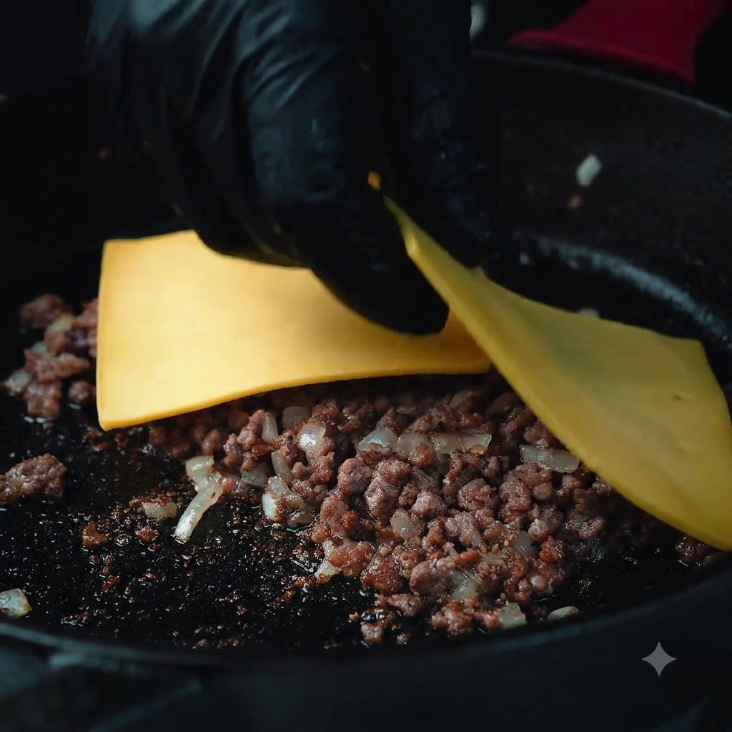 A person wearing black gloves placing square yellow cheese slices over the cooked minced beef in a cast-iron skillet.