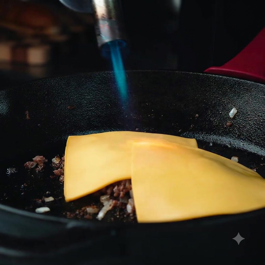 A culinary torch emitting a bright blue flame pointed directly at yellow cheese slices melting on top of cooked beef in a pan.