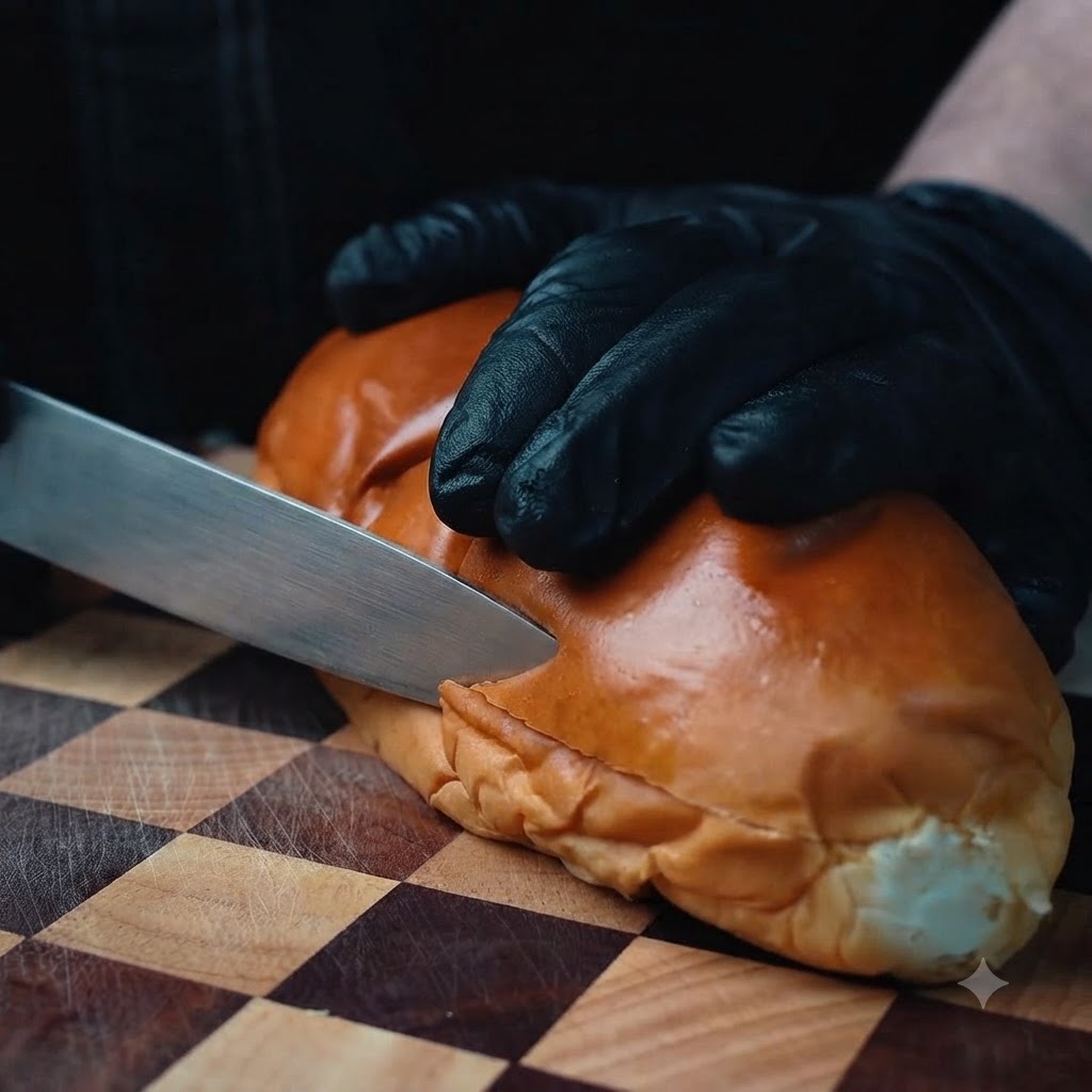 A chefs hand wearing a black glove slicing open a golden brown bread roll on a checkered wooden cutting board with a knife.