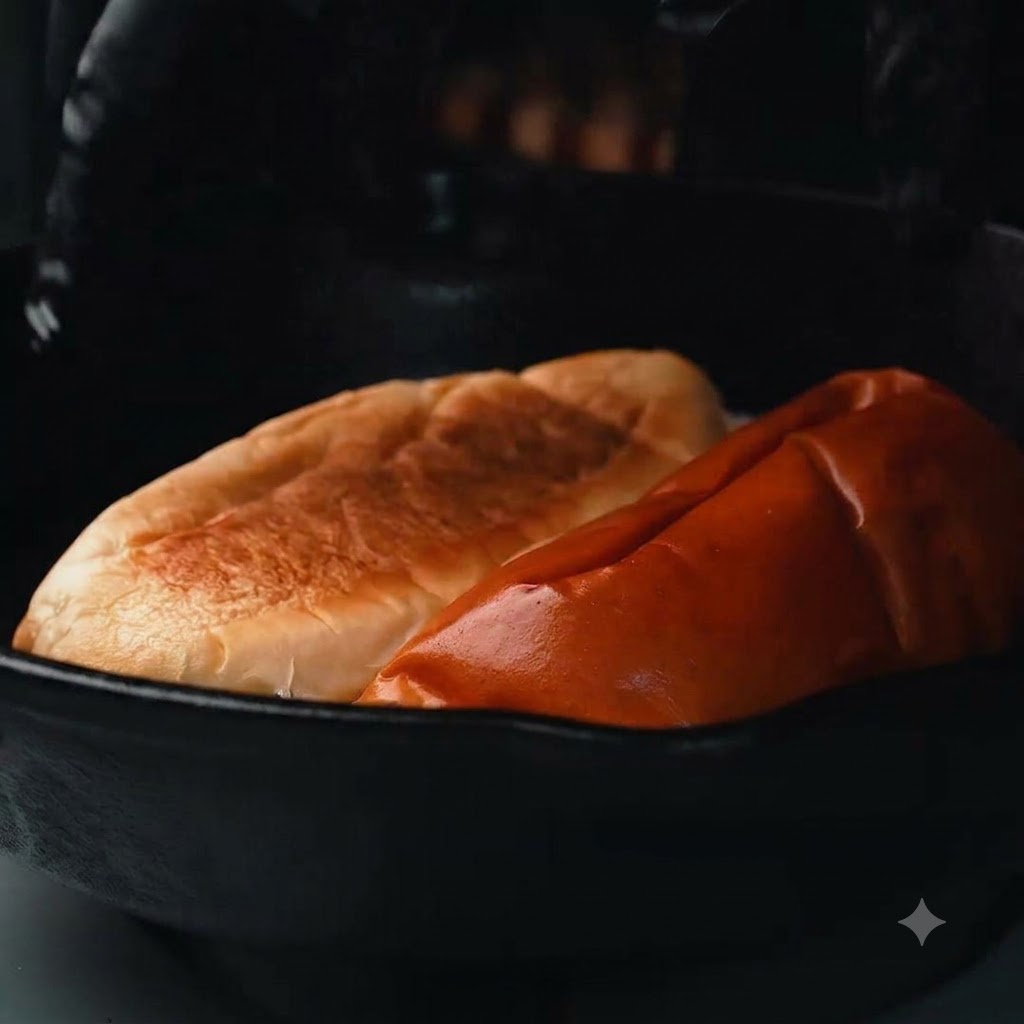 Two halves of a bread roll toasting inside a dark cast-iron skillet, showing golden-brown toasted surfaces.