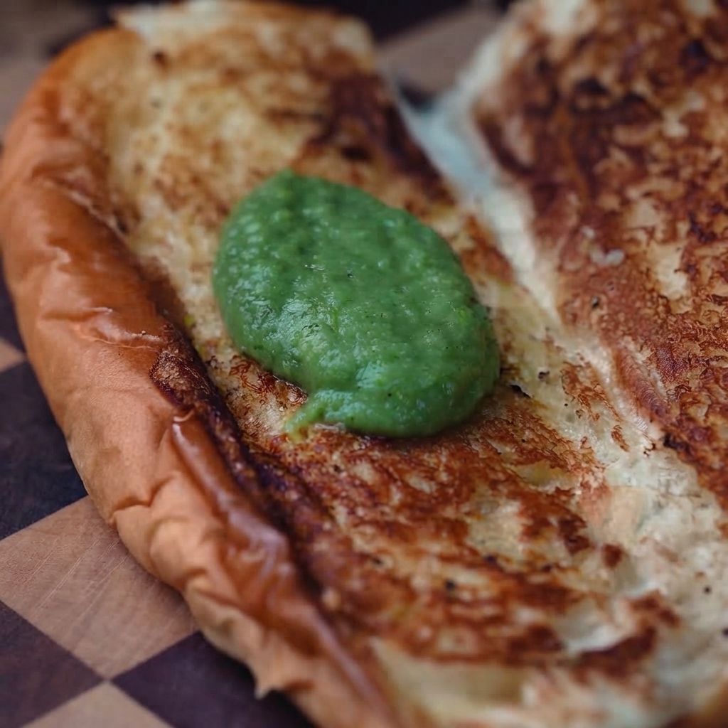 Green spicy sauce being spread evenly onto the inside of a toasted bread roll.
