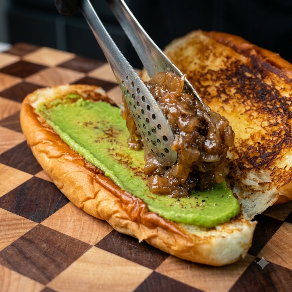 Tongs placing caramelized onions on top of the green sauce inside a bread roll.