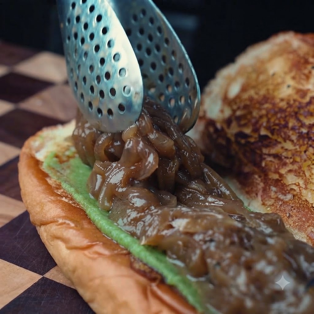 The cooked minced beef with melted cheese being added into the sandwich with a utensil.