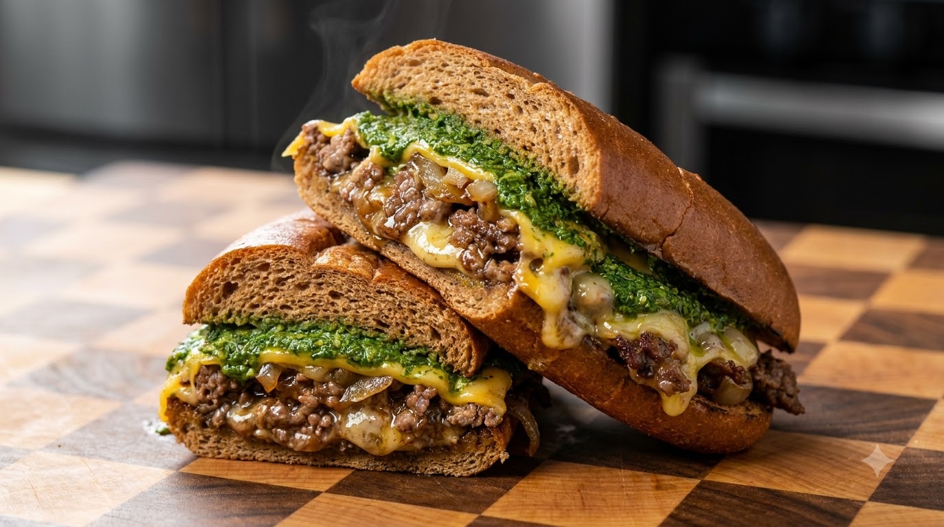 Gourmet Philly Cheesesteak Sandwich with Green Sauce