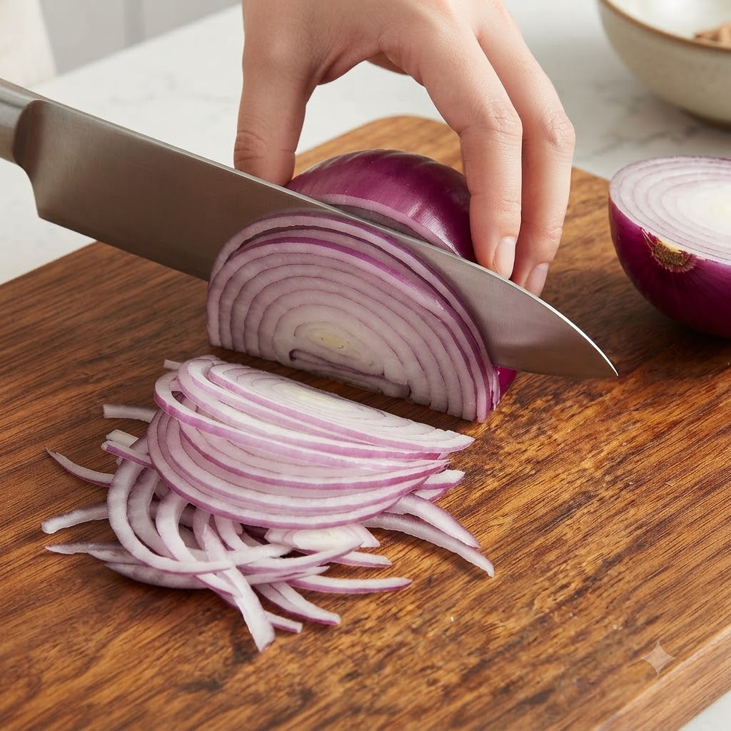 A red onion being carefully sliced into thin crescent strips on a wooden cutting board using a sharp chef knife.