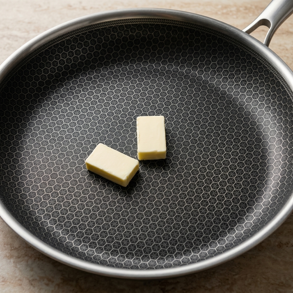 Two blocks of butter melting in a modern honeycomb-textured skillet over a burner.