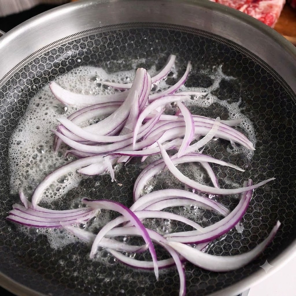 Red onion slices sizzling in melted butter inside a stainless steel pan.