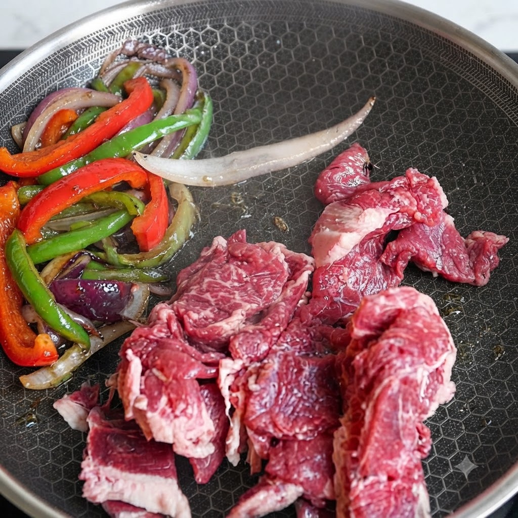 Raw beef pieces placed next to sautéed bell peppers and onions in a frying pan.