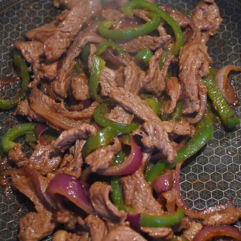 Yellow cheese slices melting over a rectangular mound of cooked beef and peppers in a pan.