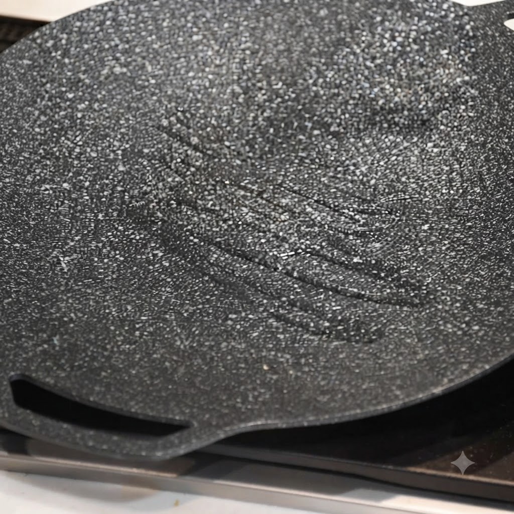 A hot griddle pan greased with oil, ready for toasting bread.