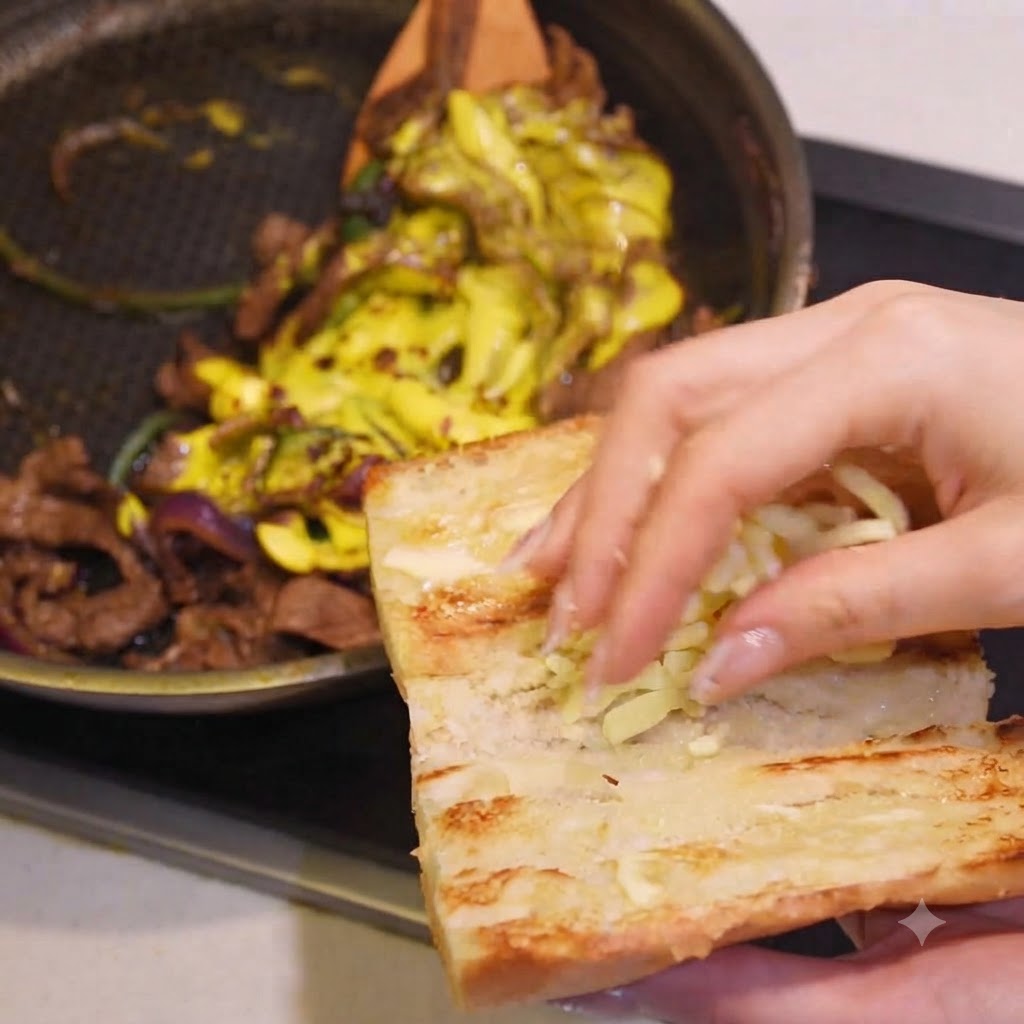 A hand sprinkling shredded mozzarella cheese over a toasted baguette half.