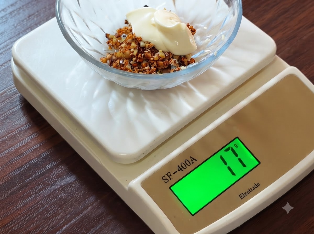 A dollop of white mayonnaise being added on top of fried garlic inside a glass bowl on a scale.