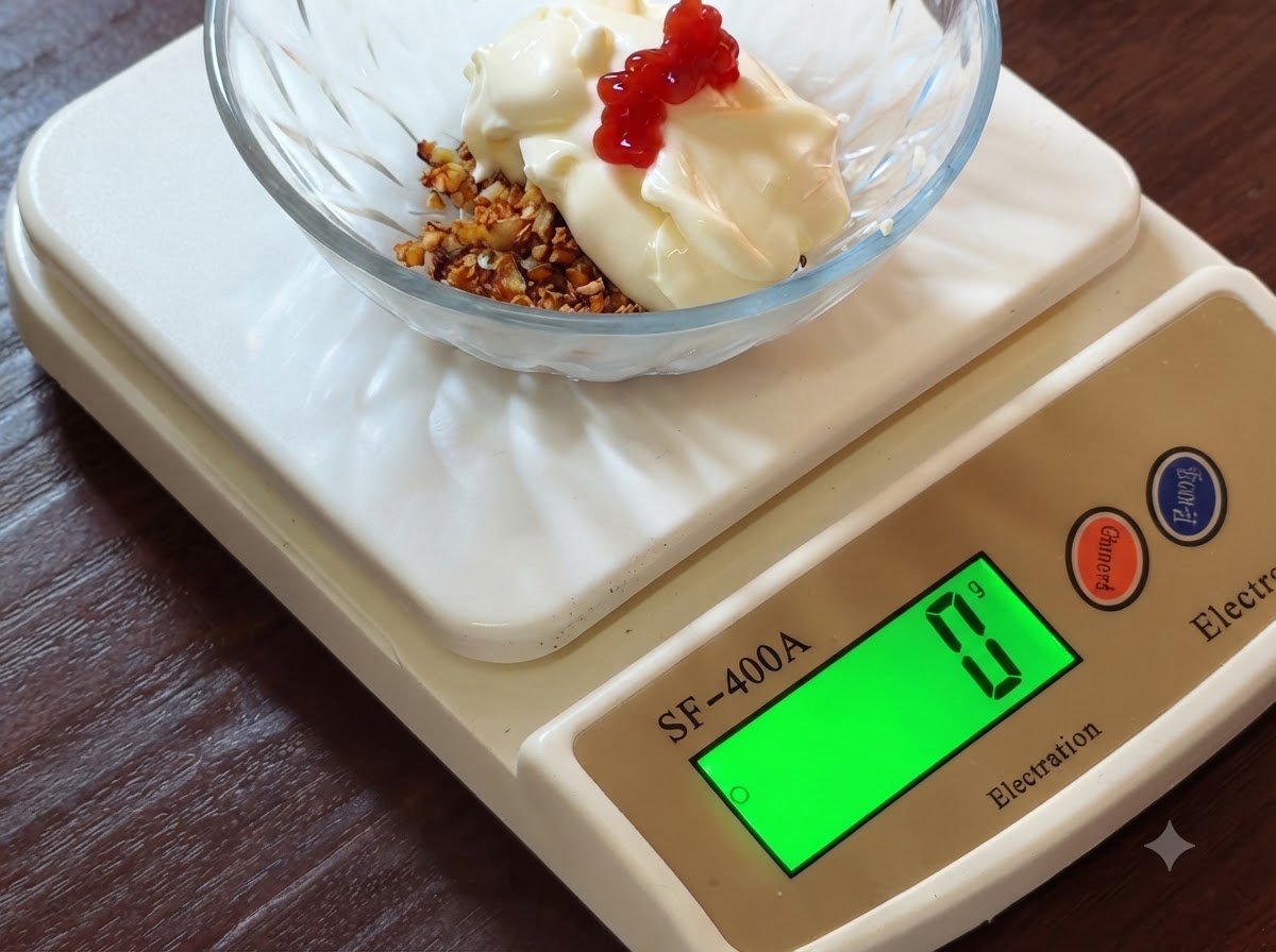Red tomato ketchup squeezed on top of the mayonnaise and fried garlic in a glass bowl.