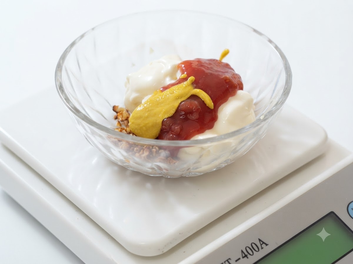 A streak of bright yellow mustard sauce added over the ingredients inside the glass bowl.