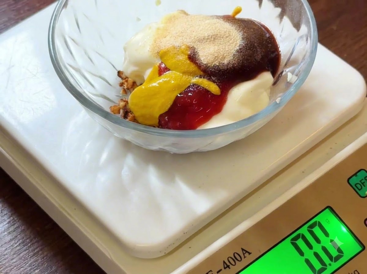 A close-up view of chili powder and garlic powder being added onto the sauce ingredients inside a glass bowl resting on a scale.