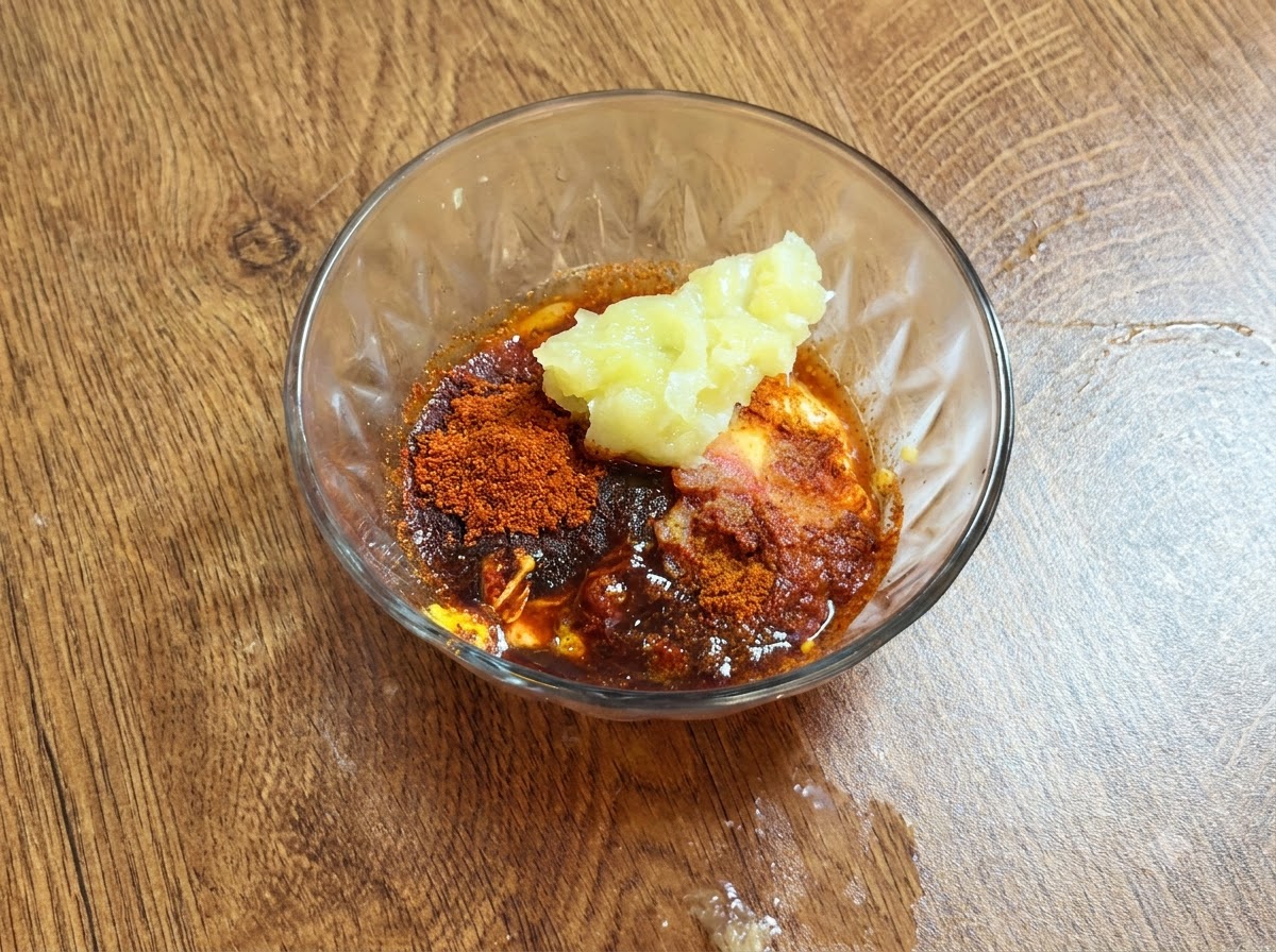 A spoonful of lemon fruit puree placed on top of the mixed sauce ingredients inside a glass bowl.