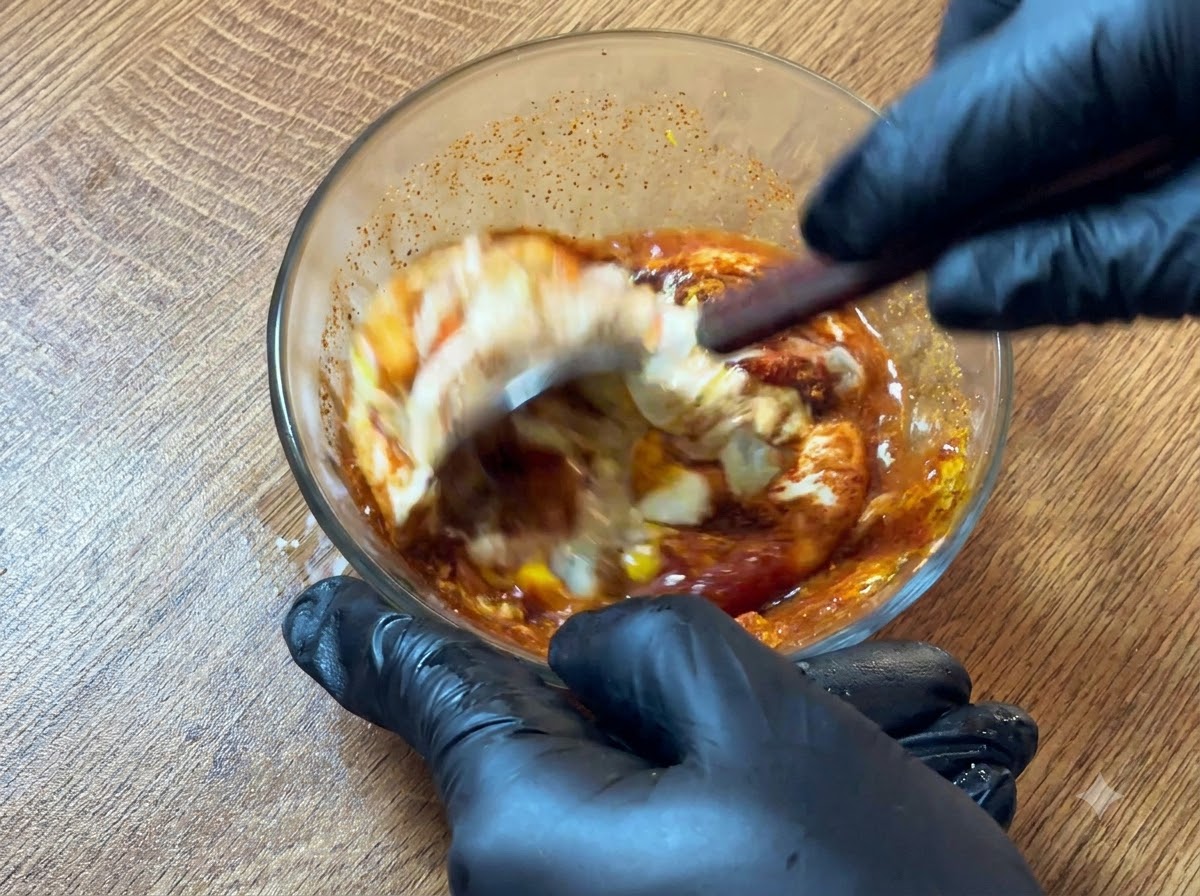 A gloved hand using a wooden spoon to vigorously stir all the burger sauce ingredients together in a glass bowl.