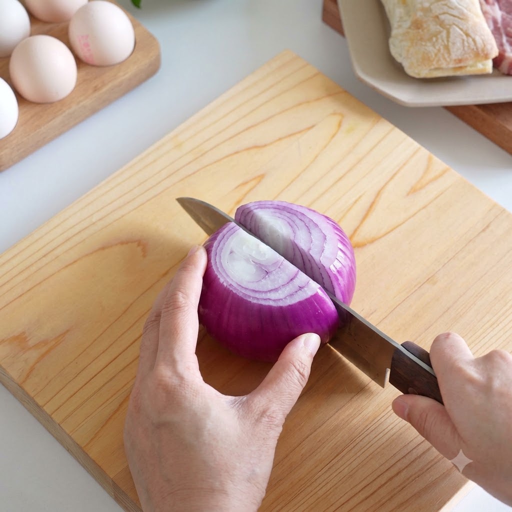 Red onion halves being sliced into thin strips on a cutting board with a kitchen knife.