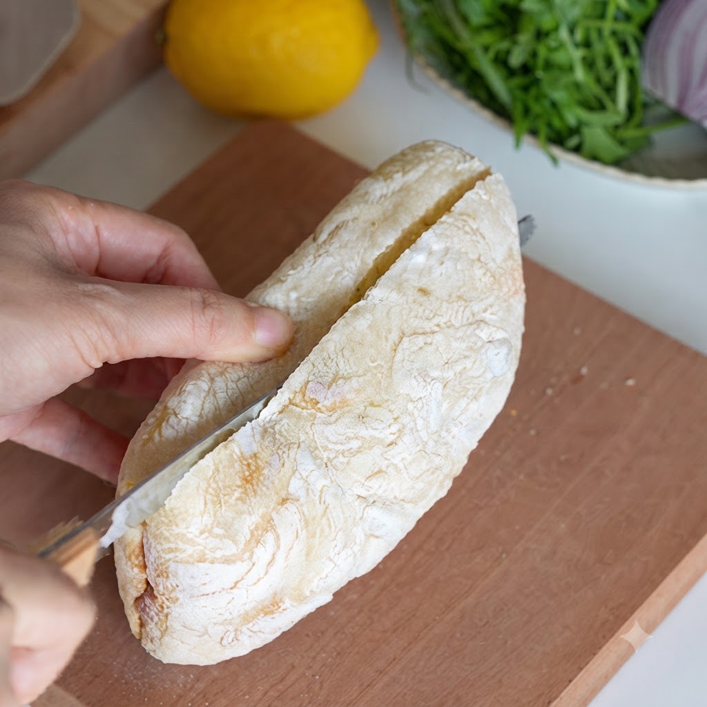 A loaf of ciabatta bread being sliced down the middle on a wooden board.