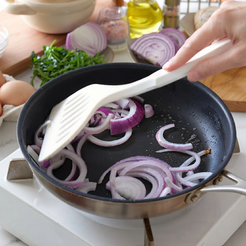 Sliced red onions sizzling in an oiled skillet while being moved with a white spatula.