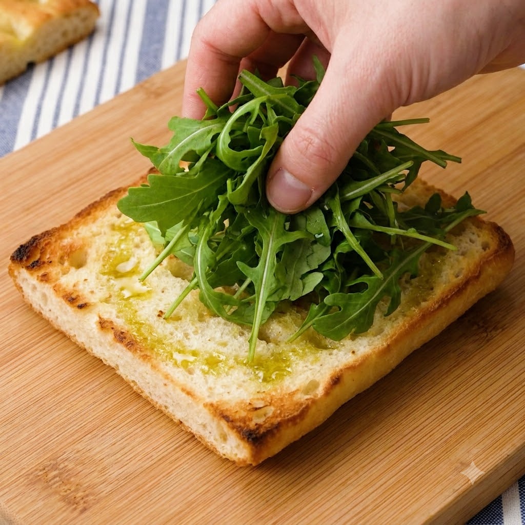 Fresh green arugula being hand-placed onto a slice of toasted ciabatta bread.