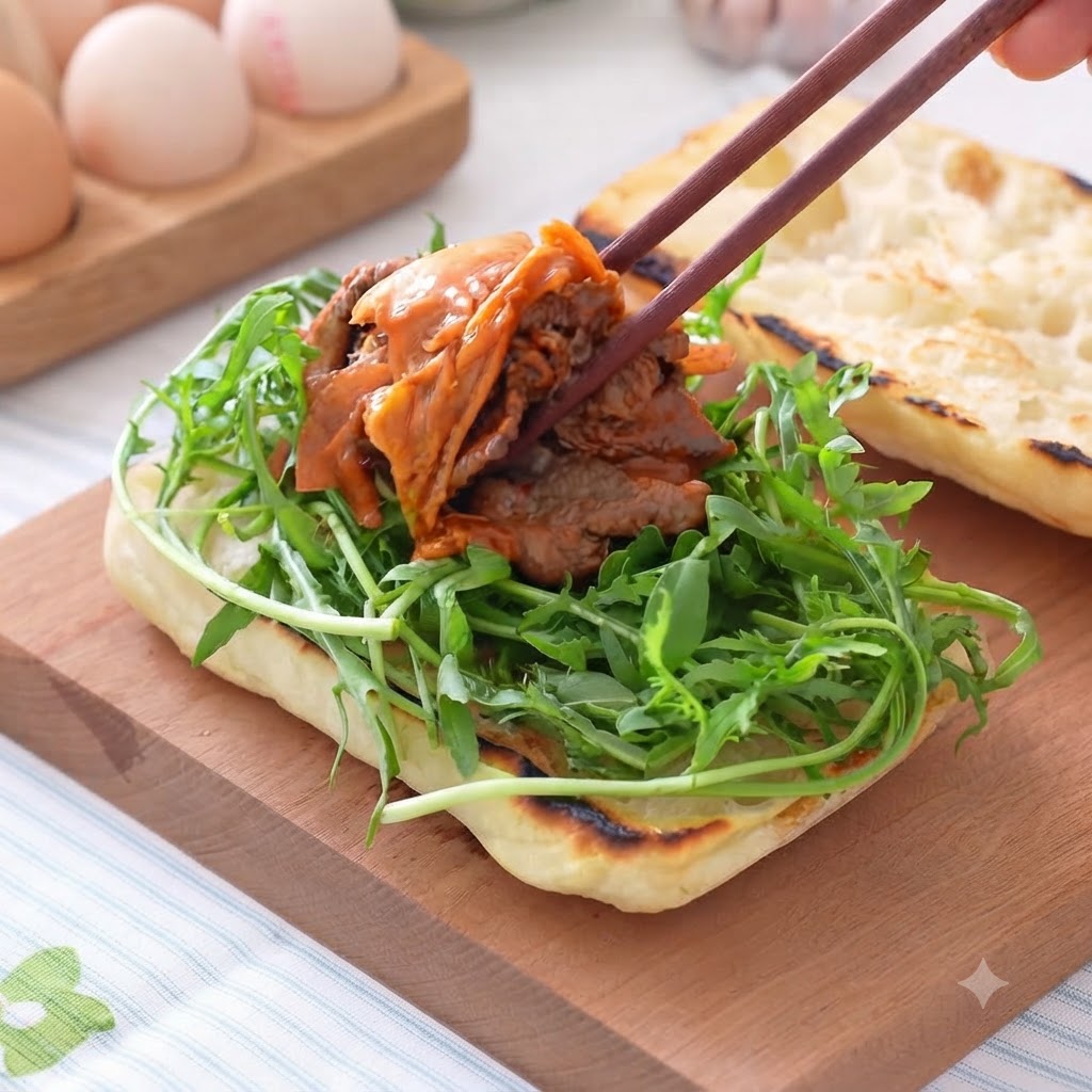 Cooked kimchi beef mixture being transferred onto the arugula layer with chopsticks.