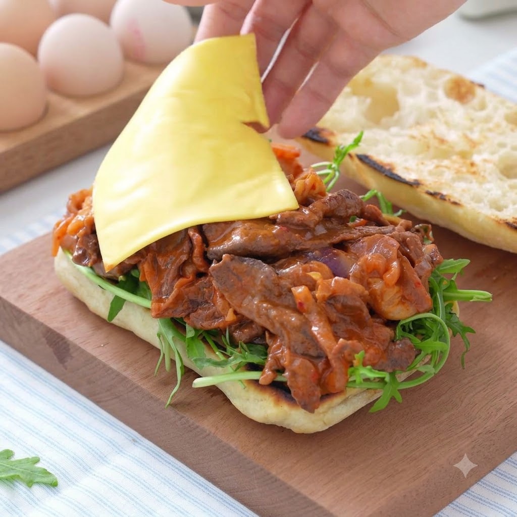 Cheese slices being layered over the warm kimchi beef filling on the sandwich.