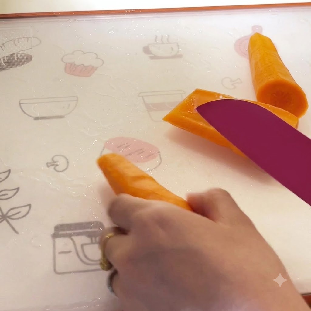 A hand using a purple knife to trim and shape a raw carrot on a patterned cutting board.
