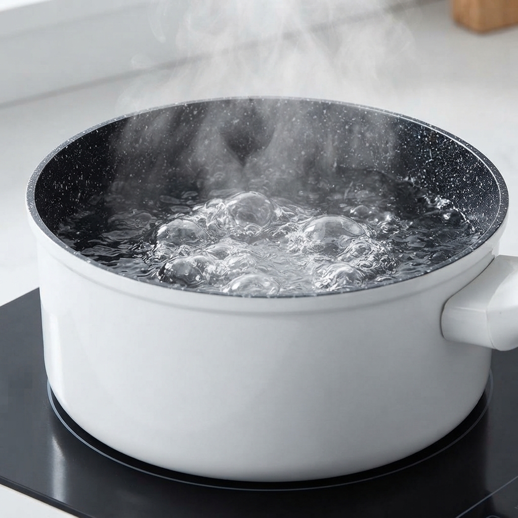 Frozen broccoli florets being dropped into a white pot of vigorously boiling water with steam rising.