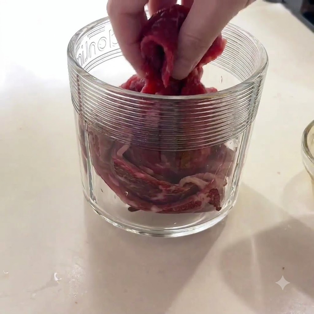 A hand placing raw beef pieces into a glass food processor container.