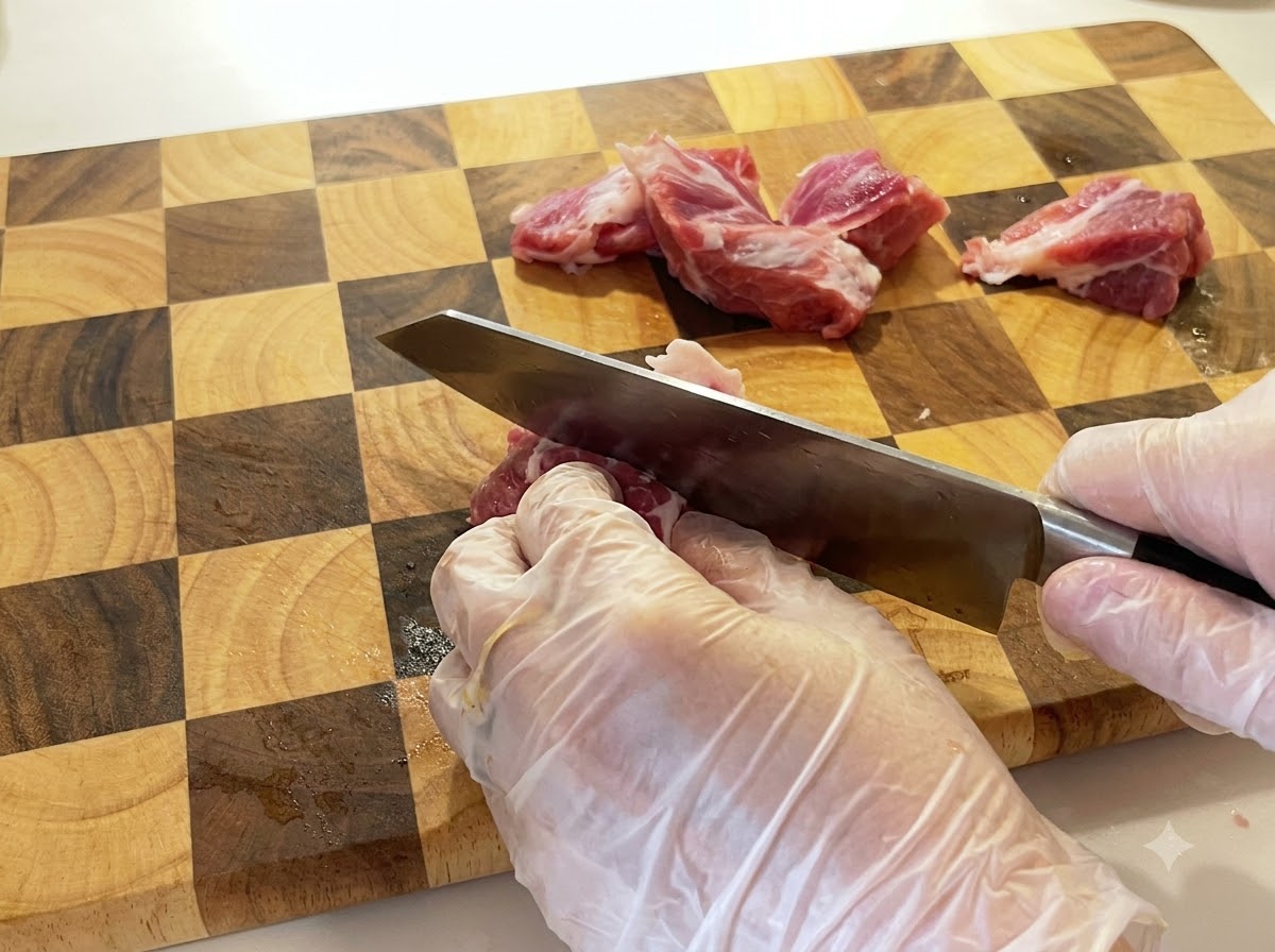 A gloved hand holding a knife to slice raw pork shoulder on a checkered wooden cutting board.