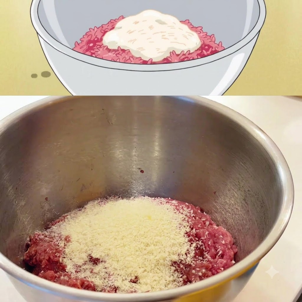 A cracked raw egg sitting on top of mixed minced meat and breadcrumbs inside a metal mixing bowl.