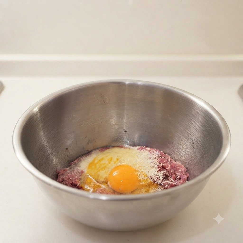 A splash of milk poured into the stainless steel mixing bowl over minced meat, breadcrumbs, and a cracked egg.