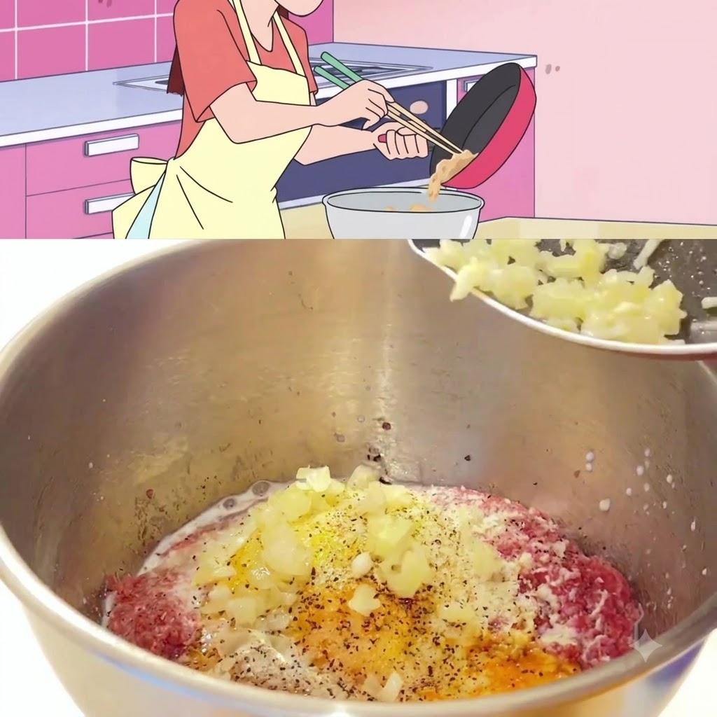 Cooked onions being scraped from a frying pan into a metal mixing bowl filled with meat, breadcrumbs, and seasonings.