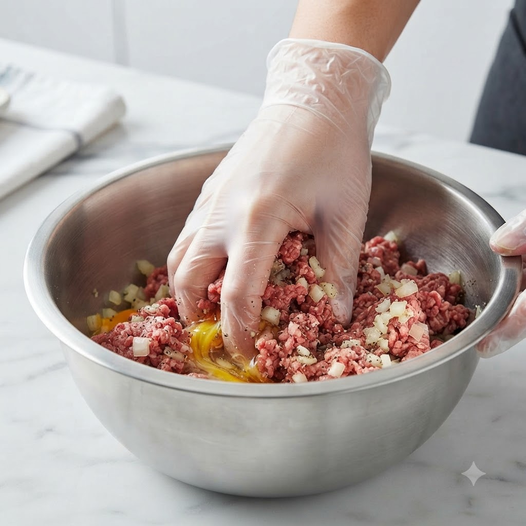 A hand wearing a clear plastic glove thoroughly mixing minced meat, onions, and seasonings inside a large steel bowl.