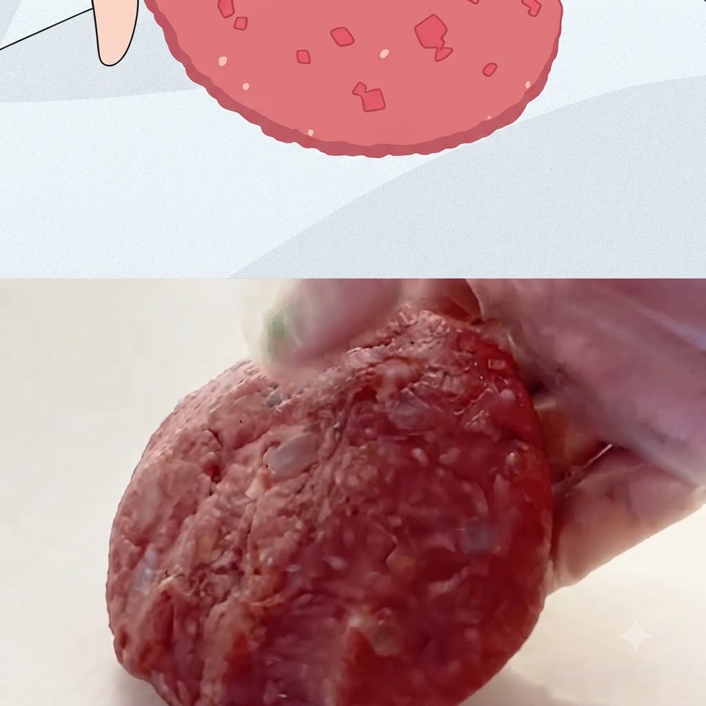 A gloved hand holding up a large, thick, round raw meat patty shaped for cooking.