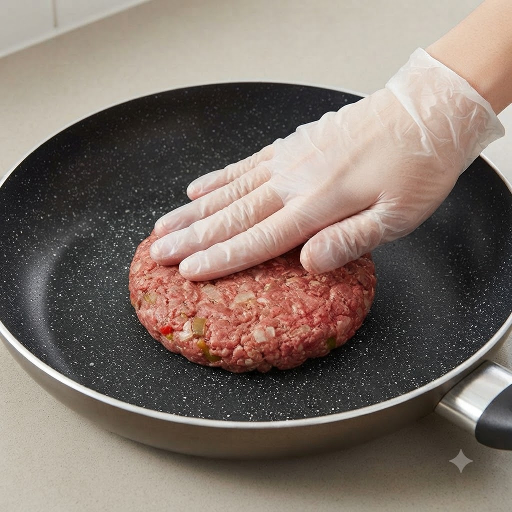 A gloved hand placing a thick, raw meat patty into a dark non-stick frying pan.