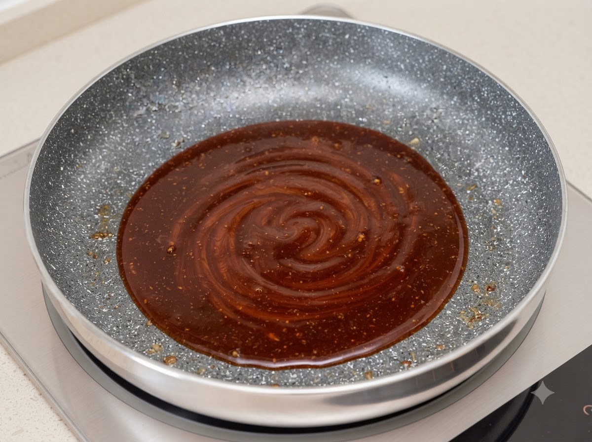 A dark sauce mixture of tonkatsu sauce, ketchup, and water bubbling and swirling in a frying pan.