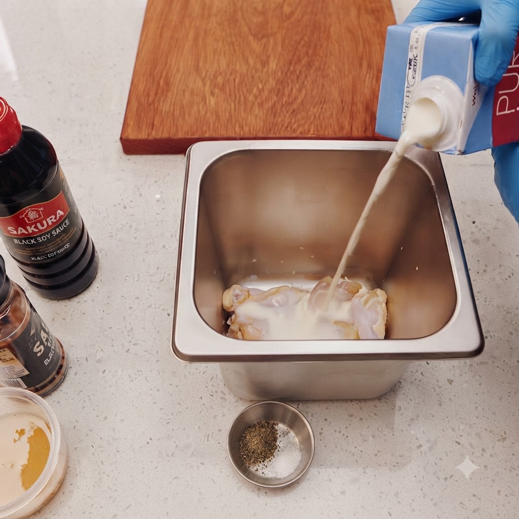 Milk, black pepper, and salt being poured over chicken drumsticks inside a stainless steel container.