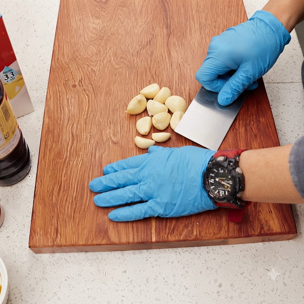 Gloved hands using a scraper to chop peeled garlic cloves on a wooden cutting board.