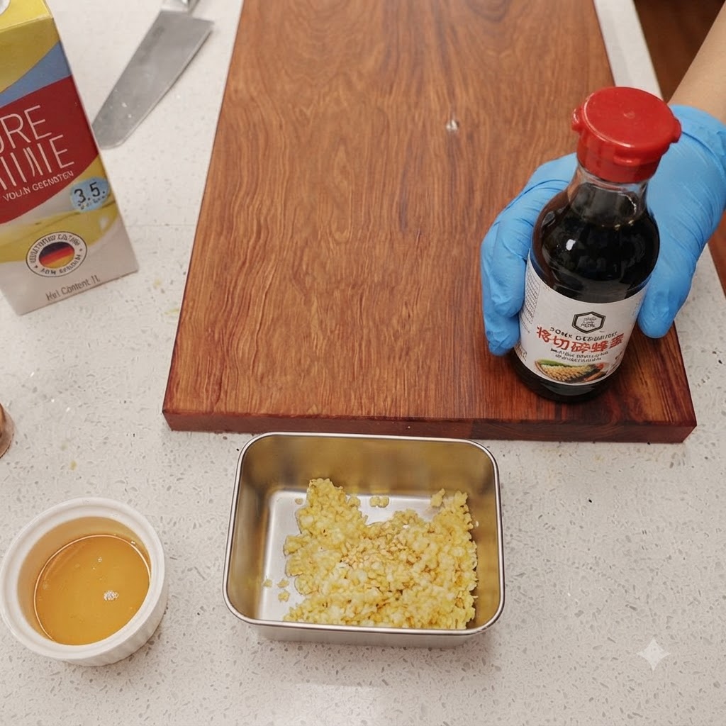 A bottle of soy sauce next to a metal container filled with chopped garlic and a small bowl of honey.